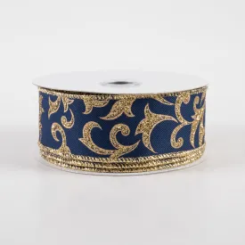 1.5" Acanthus Leaf Ribbon: Navy Blue & Gold (10 Yards)