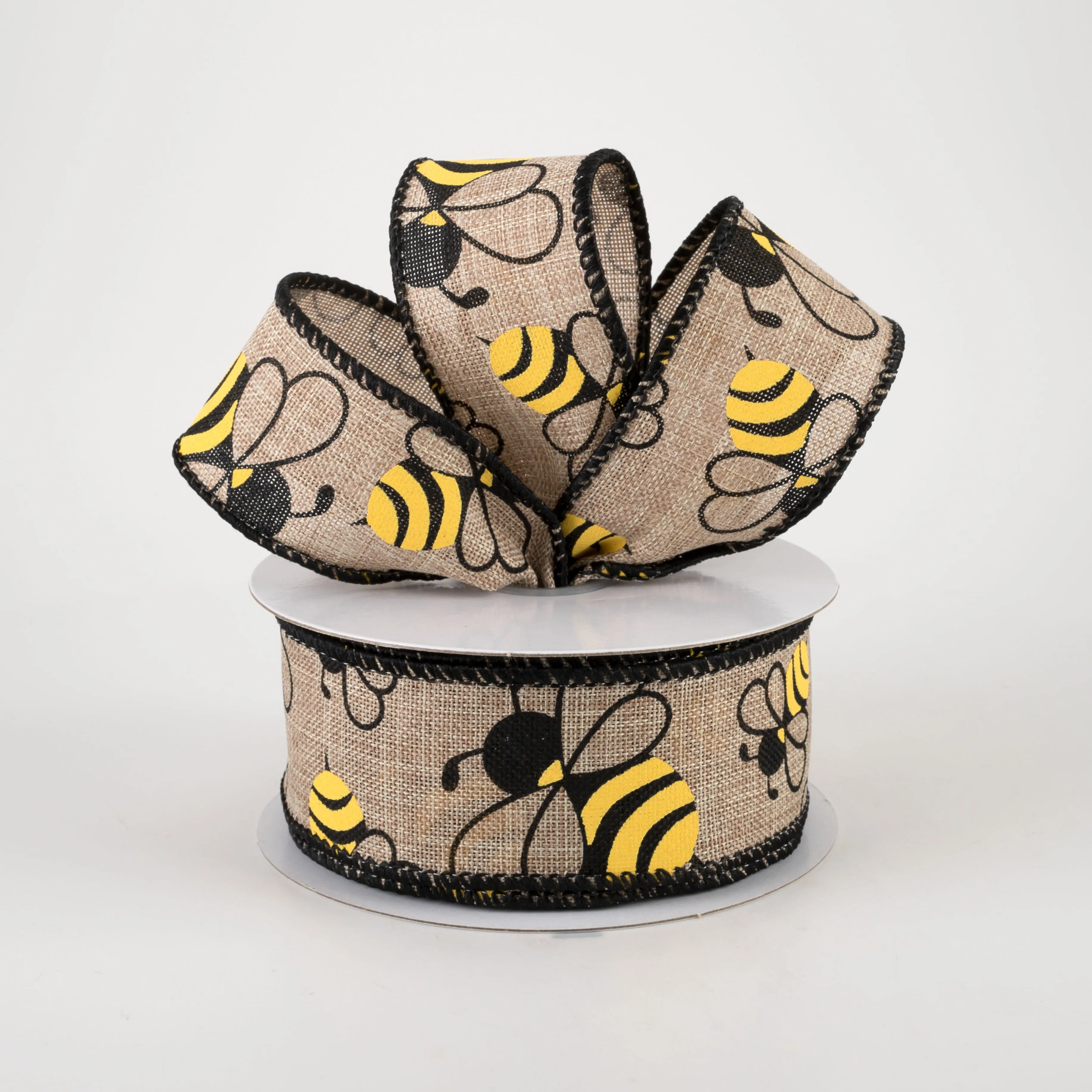 1.5" Bumblebees on Linen Ribbon: Natural Tan (10 Yards)