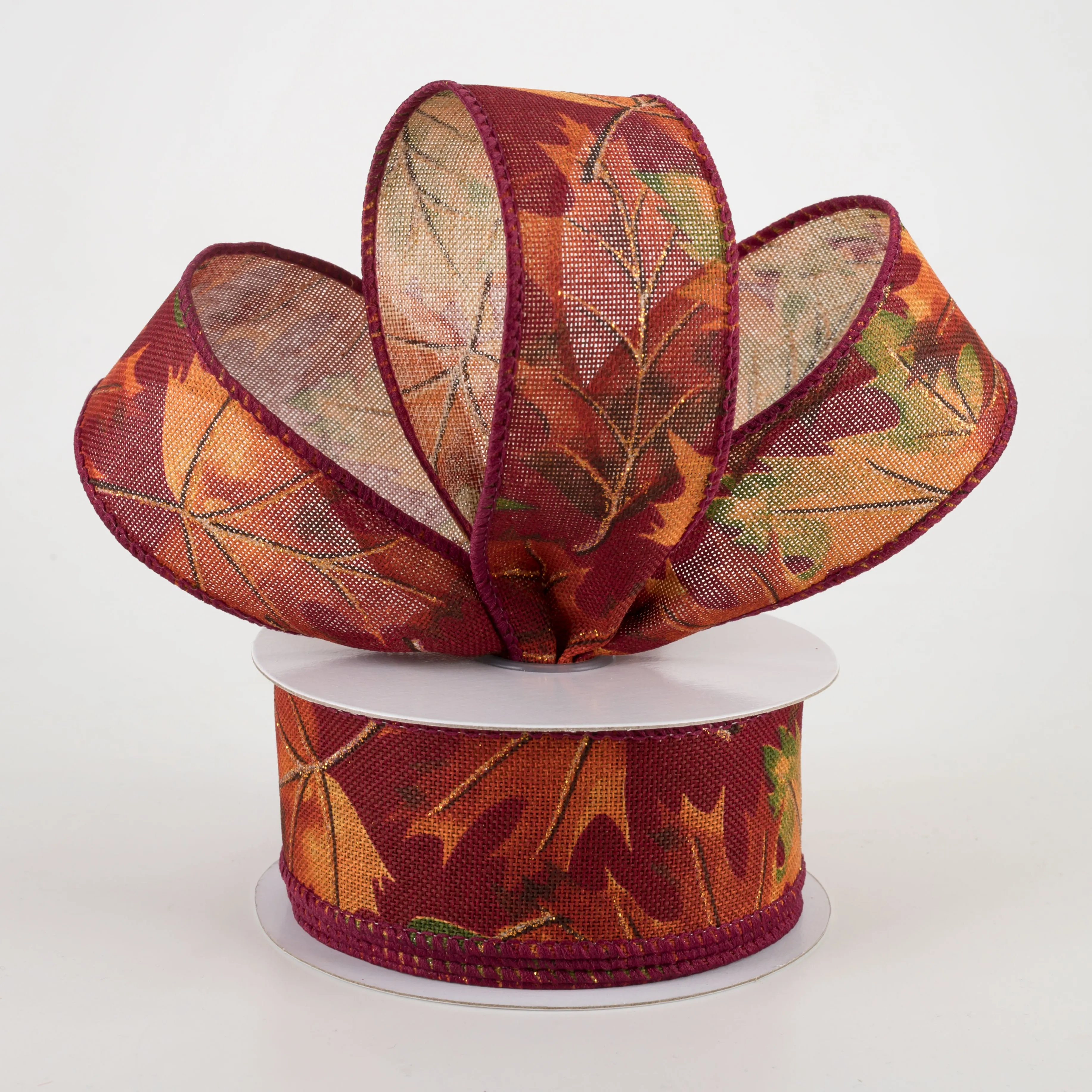 1.5" Burgundy Fall Leaves Ribbon (10 Yards)