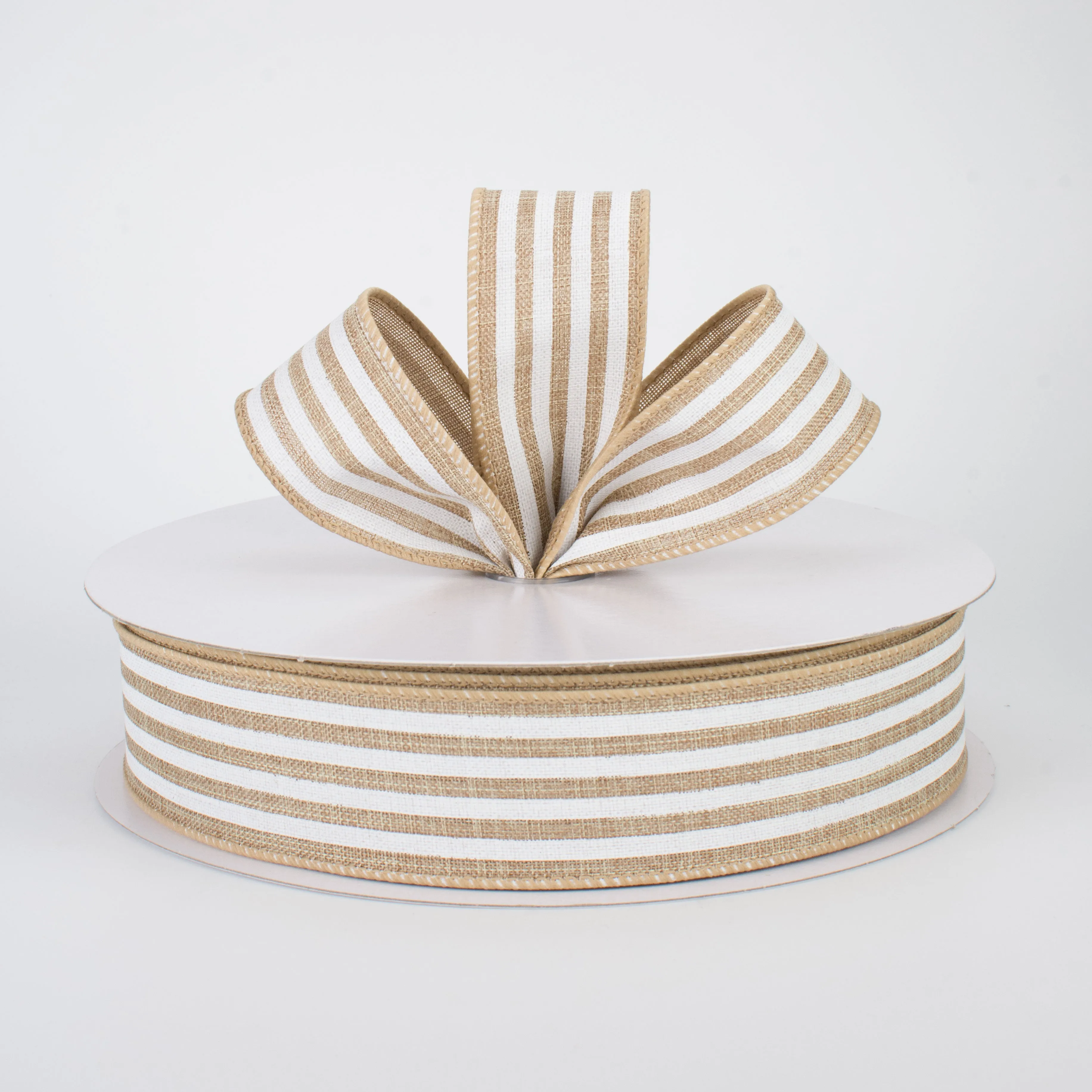 1.5" Cabana Stripes Ribbon: White & Beige (50 Yards)