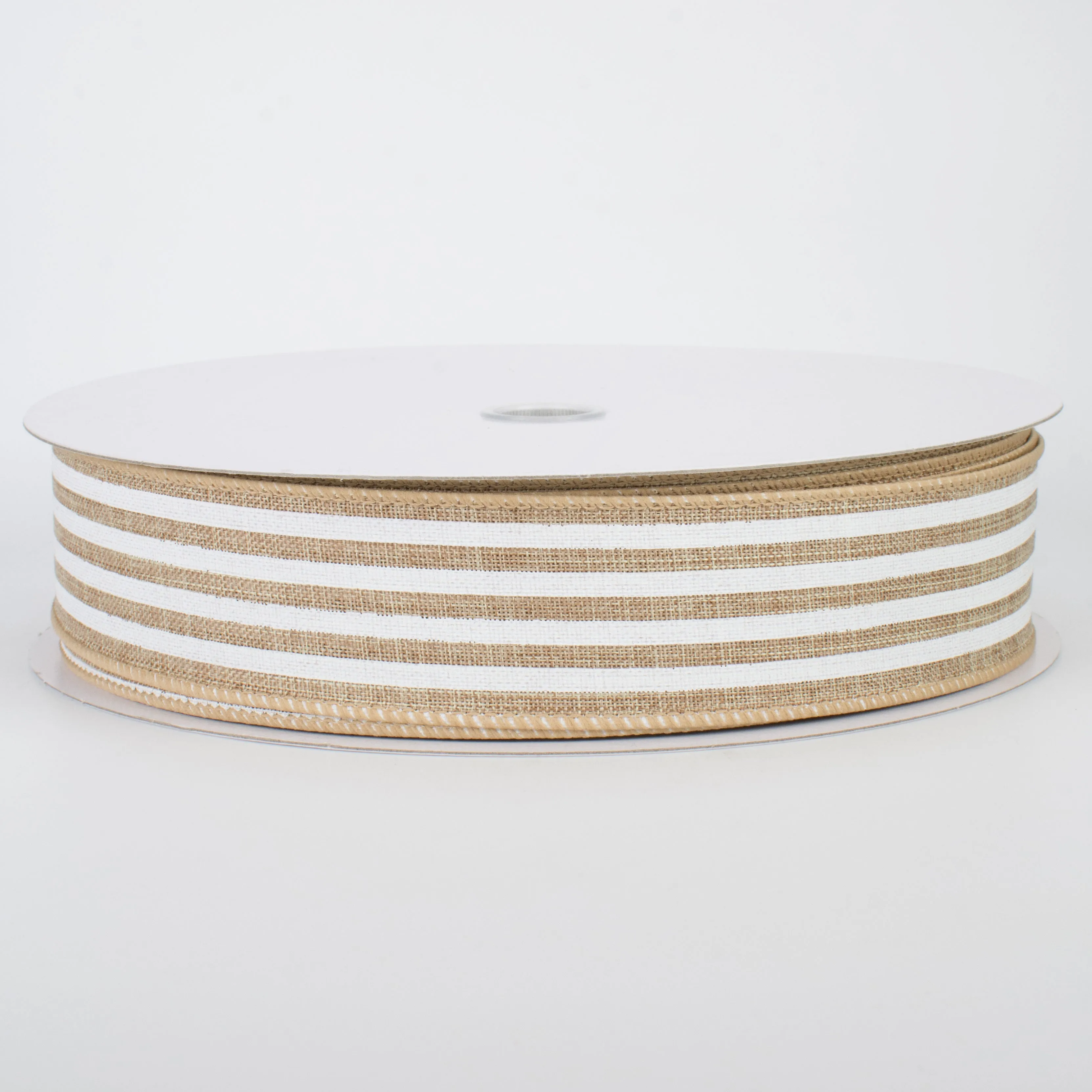 1.5" Cabana Stripes Ribbon: White & Beige (50 Yards)