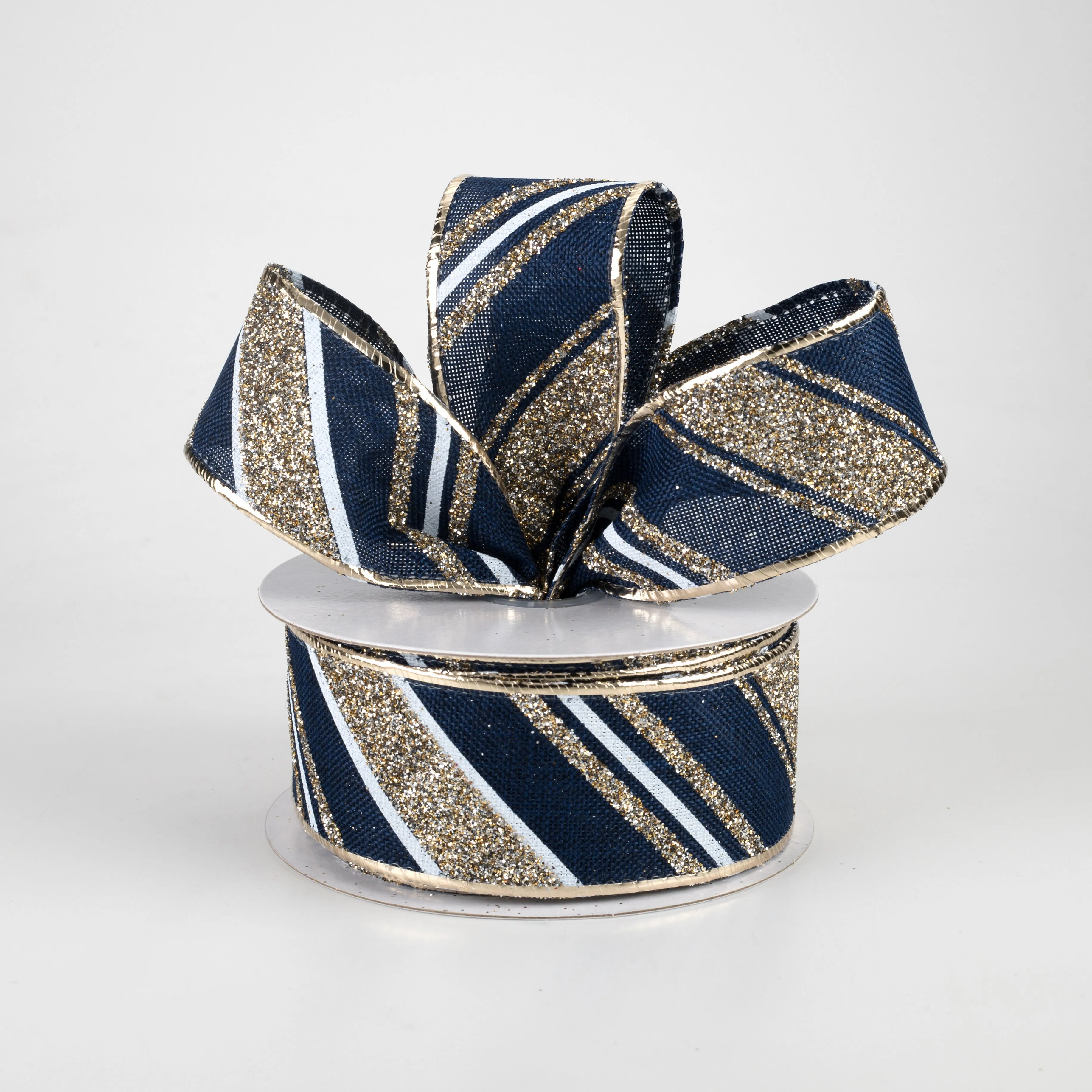 1.5" Diagonal Glitter Stripe Ribbon: Navy, Champagne Gold, White (10 Yards)