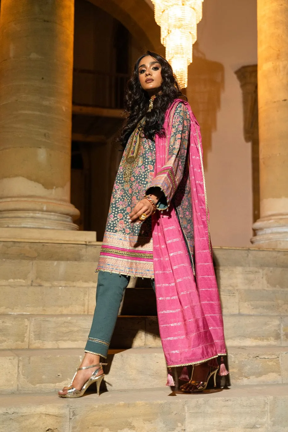 3 Pc Embroidered Dobby Lawn Suit With Fancy Dupatta