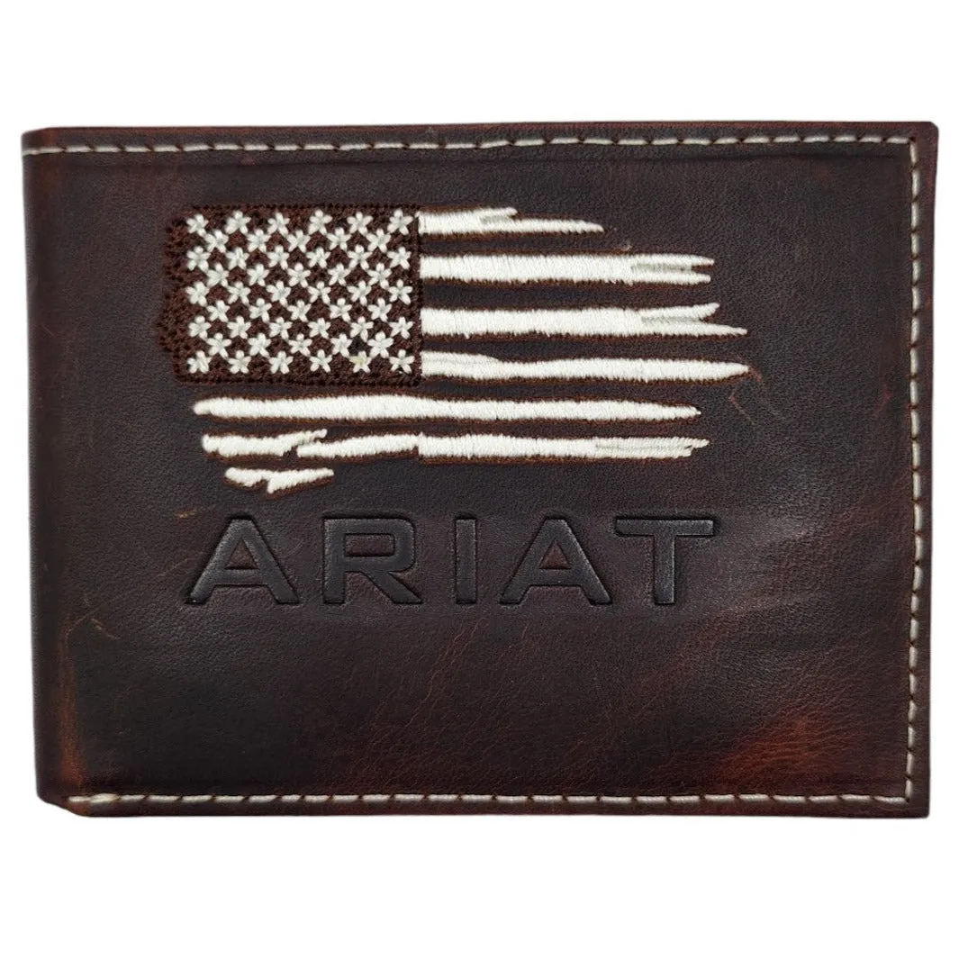 Ariat Men's Dark Brown Leather Distressed Flag Embroidered Bi Fold Wallet