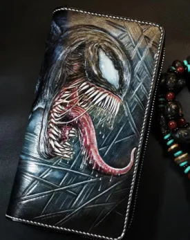 Badass Black Leather Men's Venom Long Biker Wallet Handmade Tooled Zipper Long Wallets For Men