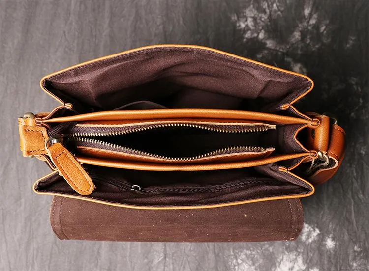 BADASS BROWN YELLOW LEATHER MEN'S 10 inches Side bag Vertical Courier Bag MESSENGER BAG FOR MEN