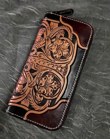 Badass Maroon Leather Men's Long Biker Tooled Wallet Floral Tooled Zipper Long Wallets For Men