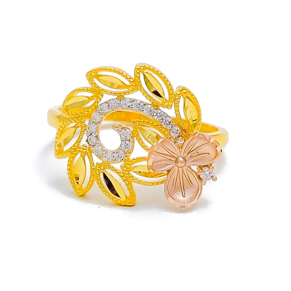 Beautiful Vine Motif 22K Gold CZ Ring