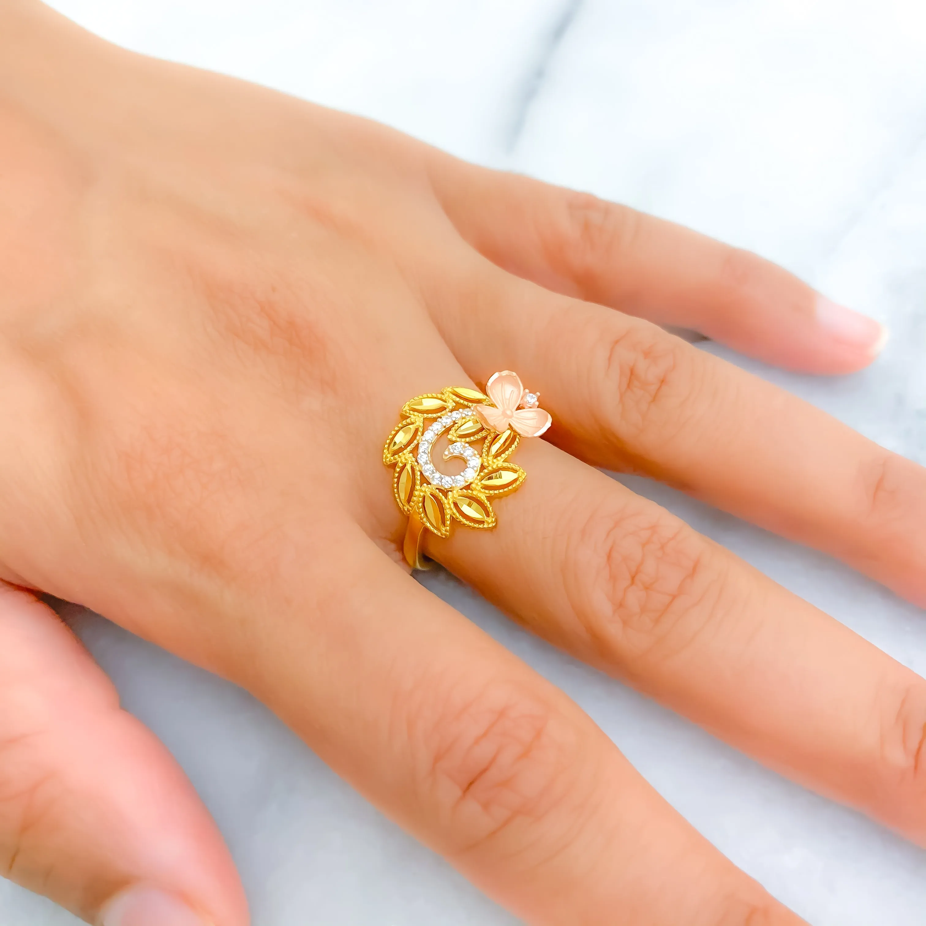 Beautiful Vine Motif 22K Gold CZ Ring