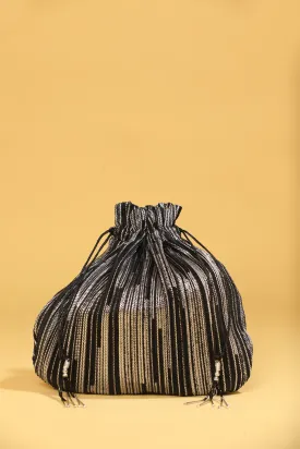 Black Bead Work Potli Bag with Sequin Detailing and Long Tassels