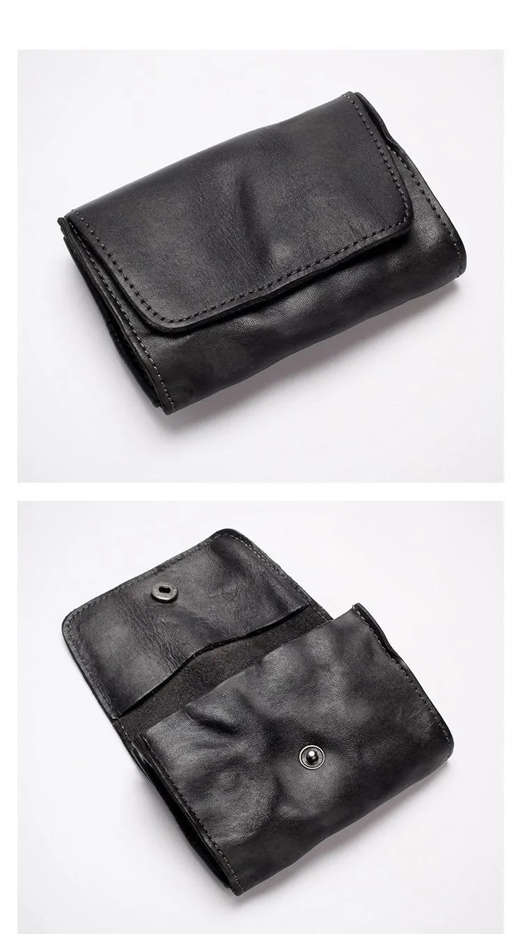 Black Handmade Leather Mens Coin Purse Small Wallet billfold Wallet Card Wallet For Men