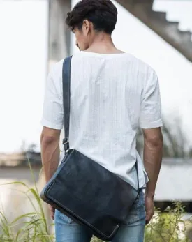 Black Large Leather Mens Cool Messenger Bags Shoulder Bags  for Men