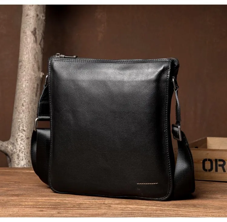 Black Leather 10 inches Mens Small Vertical Messenger Bags Postman Bags Courier Bag for Men