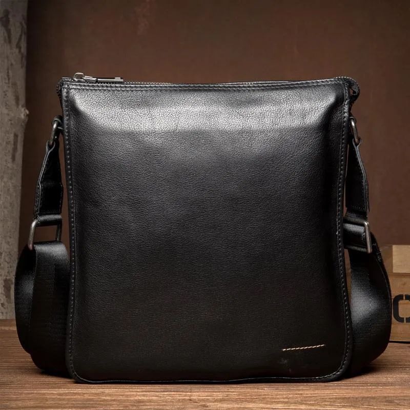 Black Leather 10 inches Mens Small Vertical Messenger Bags Postman Bags Courier Bag for Men