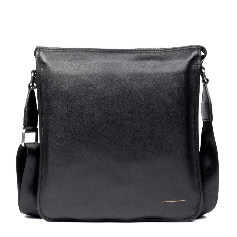 Black Leather 10 inches Mens Small Vertical Messenger Bags Postman Bags Courier Bag for Men