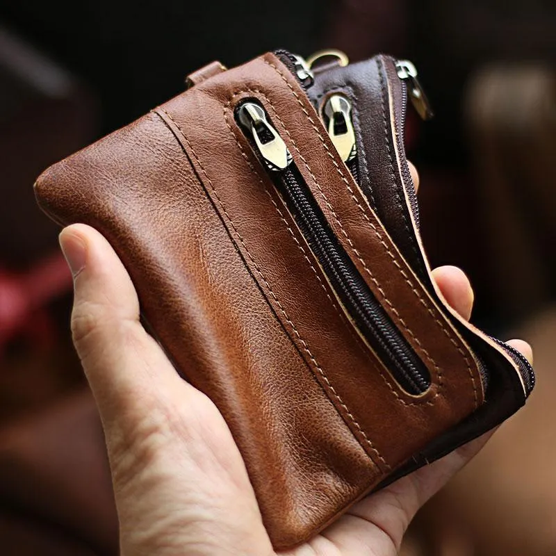 Black Leather Mens billfold Coin Wallet Zipper Small Coin Holder Change Pouch For Men