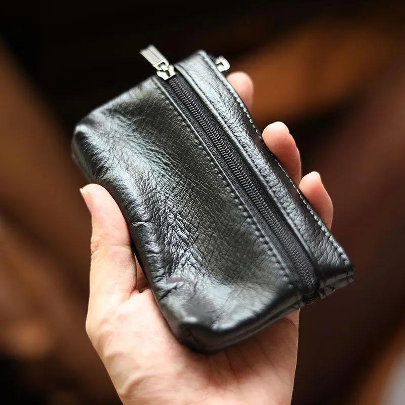 Black Leather Mens billfold Coin Wallet Zipper Small Coin Holder Change Pouch For Men