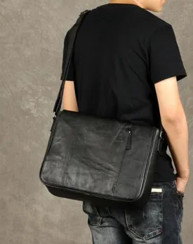 Black Leather Mens Cool Large Messenger Bag Shoulder Bag Cycling Crossbody Bag for men