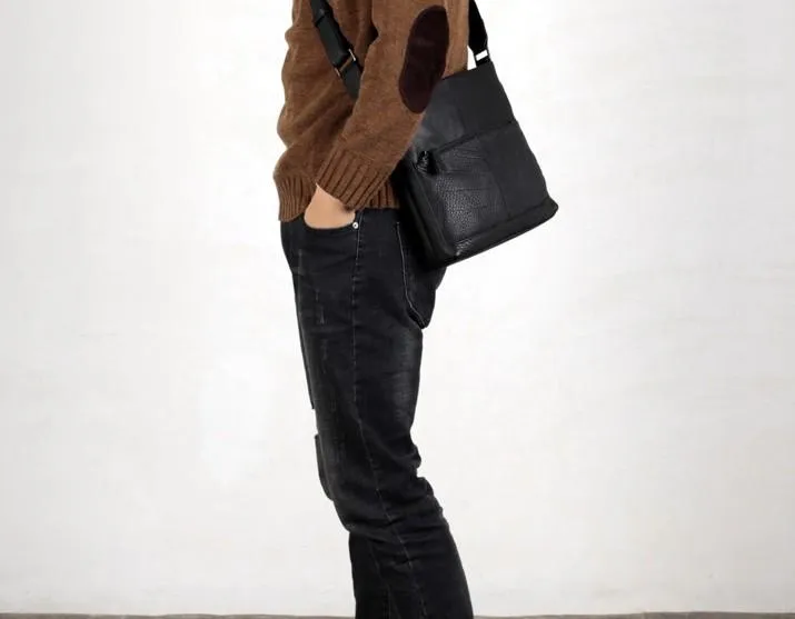 Black Leather Mens Cool Messenger Bag Shoulder Bag for men