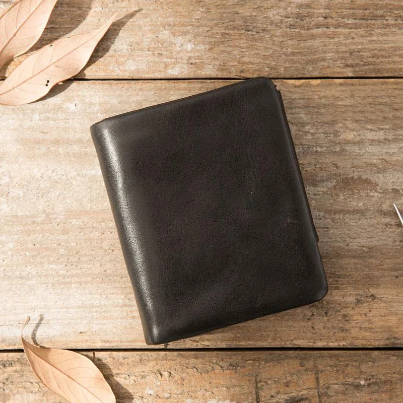 Black Leather Mens Small Wallets Trifold Vintage billfold Wallet for Men