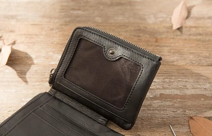 Black Leather Mens Small Wallets Trifold Vintage billfold Wallet for Men