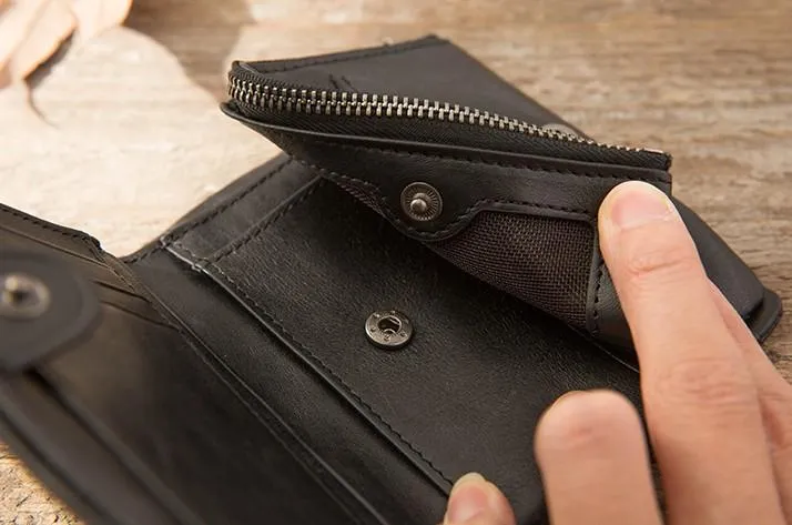 Black Leather Mens Small Wallets Trifold Vintage billfold Wallet for Men