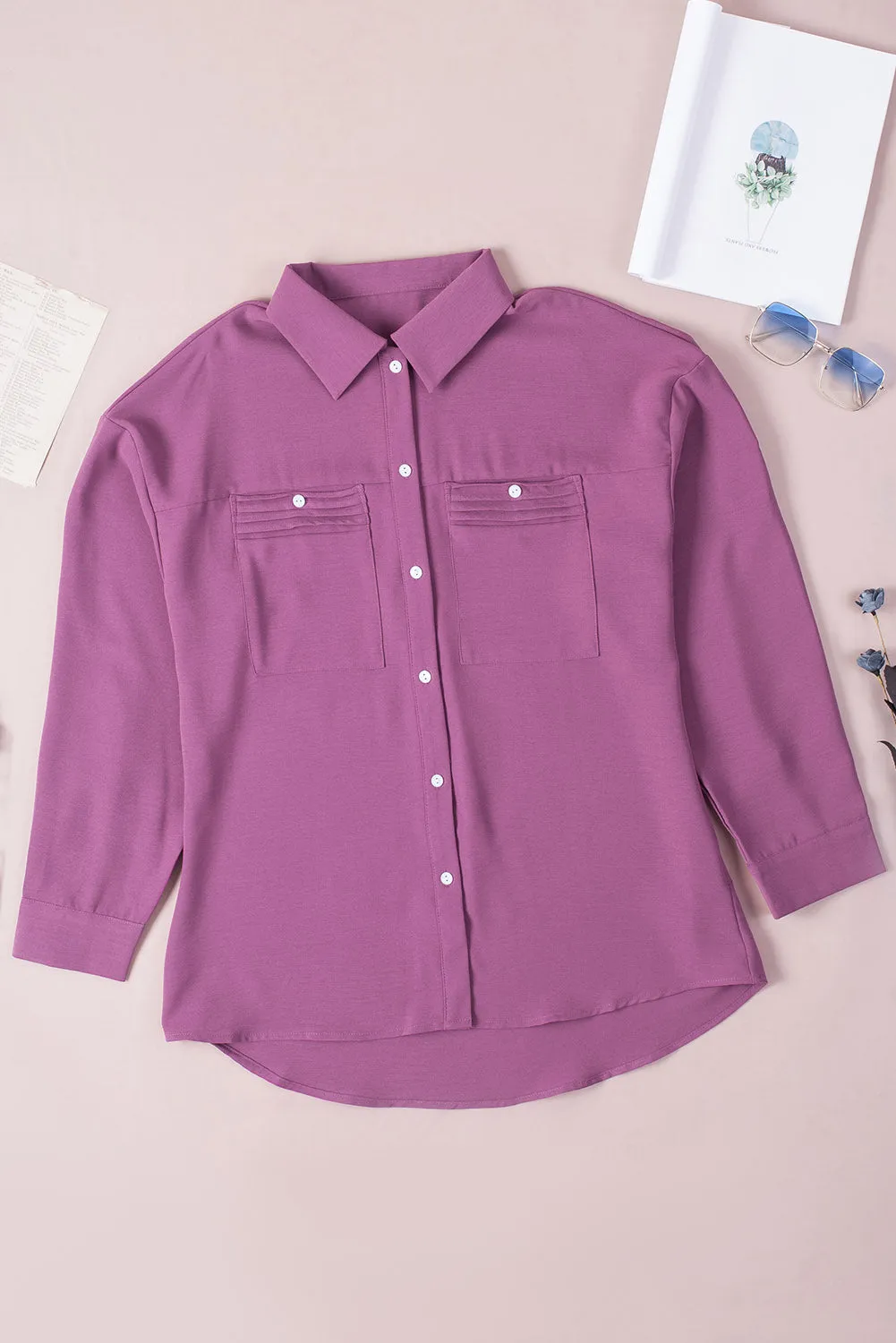 Blue Solid Pocket Long Sleeve Button-up Shirt