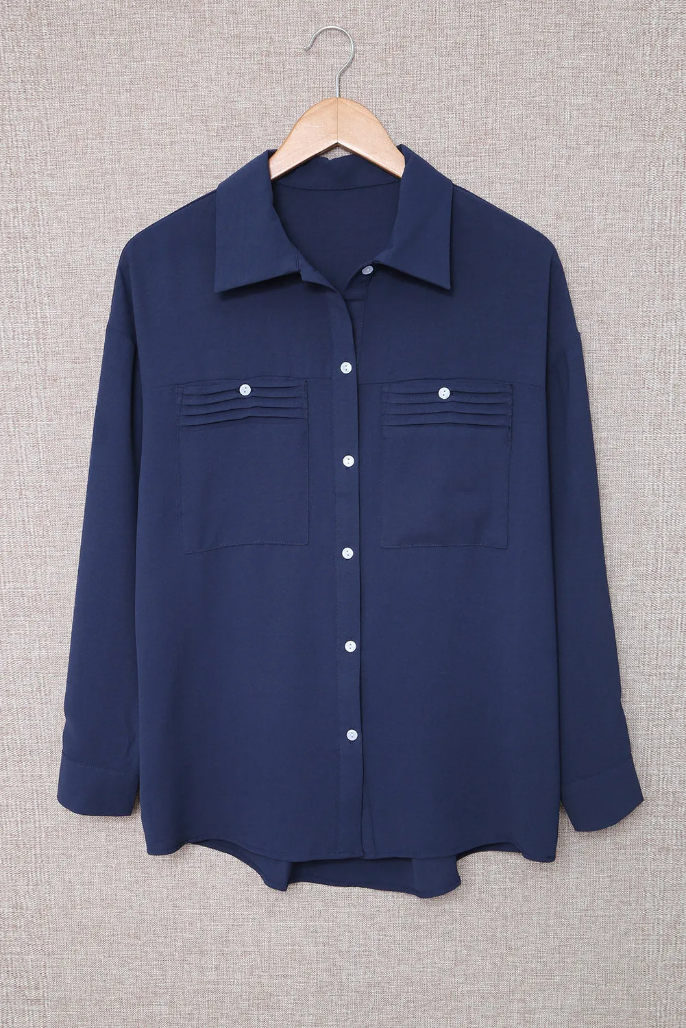 Blue Solid Pocket Long Sleeve Button-up Shirt