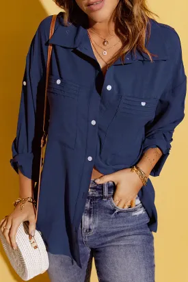 Blue Solid Pocket Long Sleeve Button-up Shirt