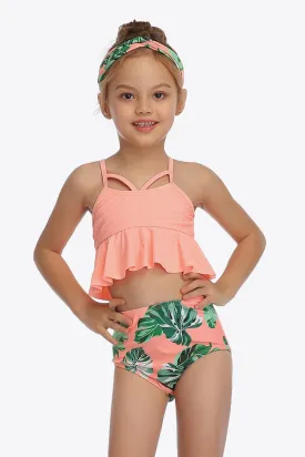 Botanical Print Crisscross Ruffled Two-Piece Swim Set