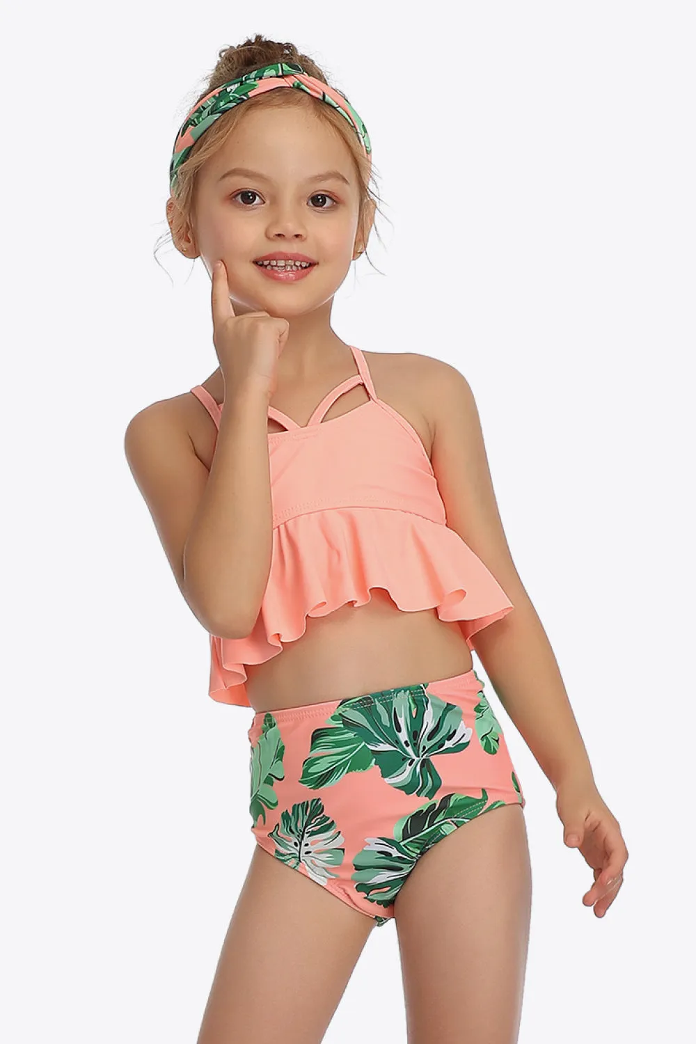 Botanical Print Crisscross Ruffled Two-Piece Swim Set