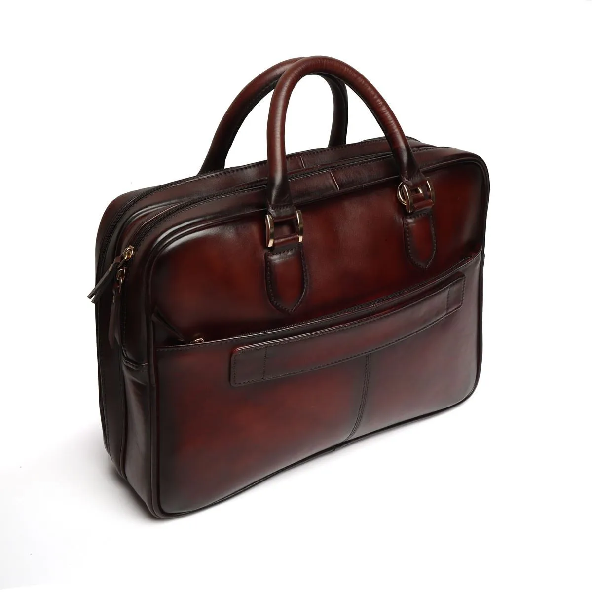 Brogue Detailing Laptop/Office Briefcase in Dark Brown Leather With Extra Compartment