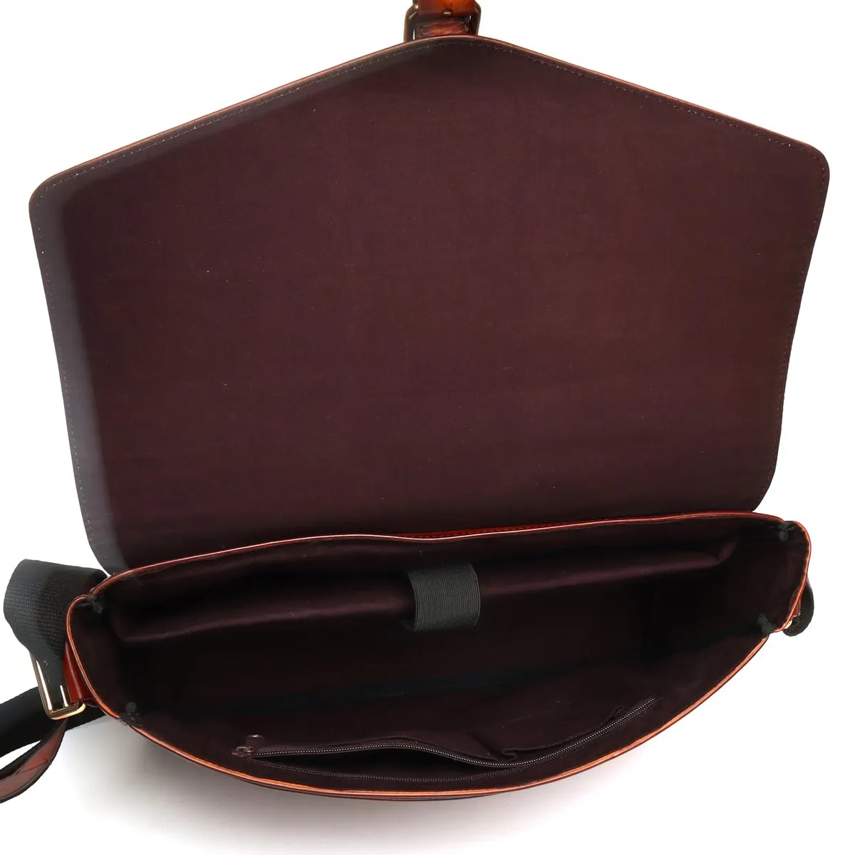 Brown laptop messenger bag with flap opening and push buckle lock by Brune & Bareskin