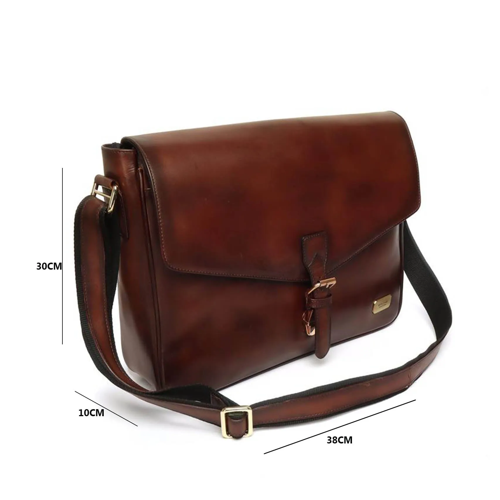 Brown laptop messenger bag with flap opening and push buckle lock by Brune & Bareskin