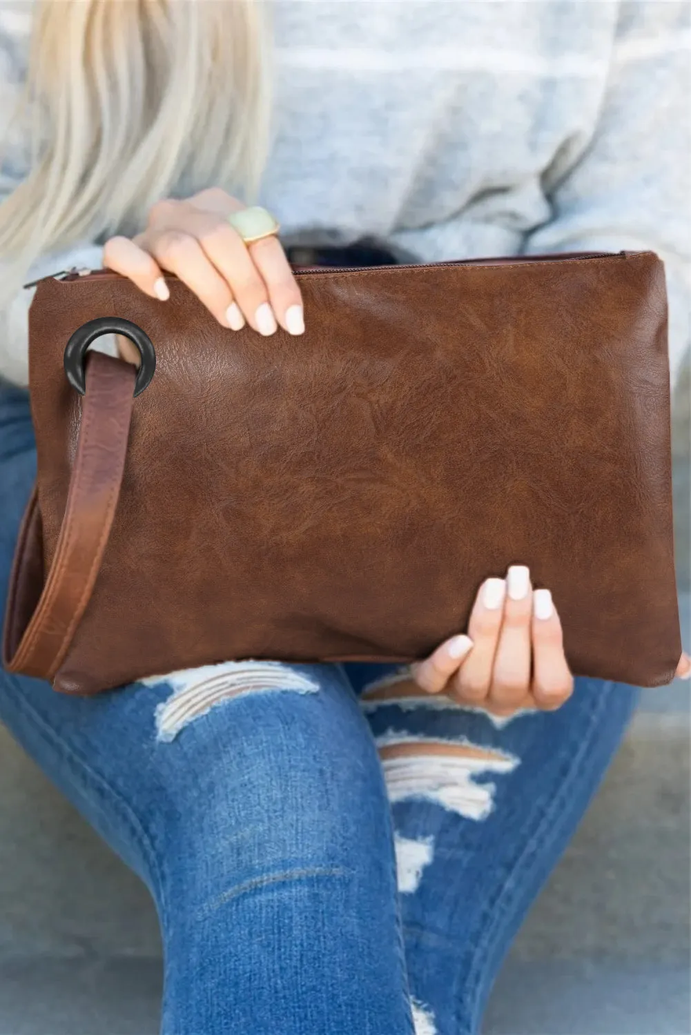 Brown Vintage Leather Oversized Clutch Bag