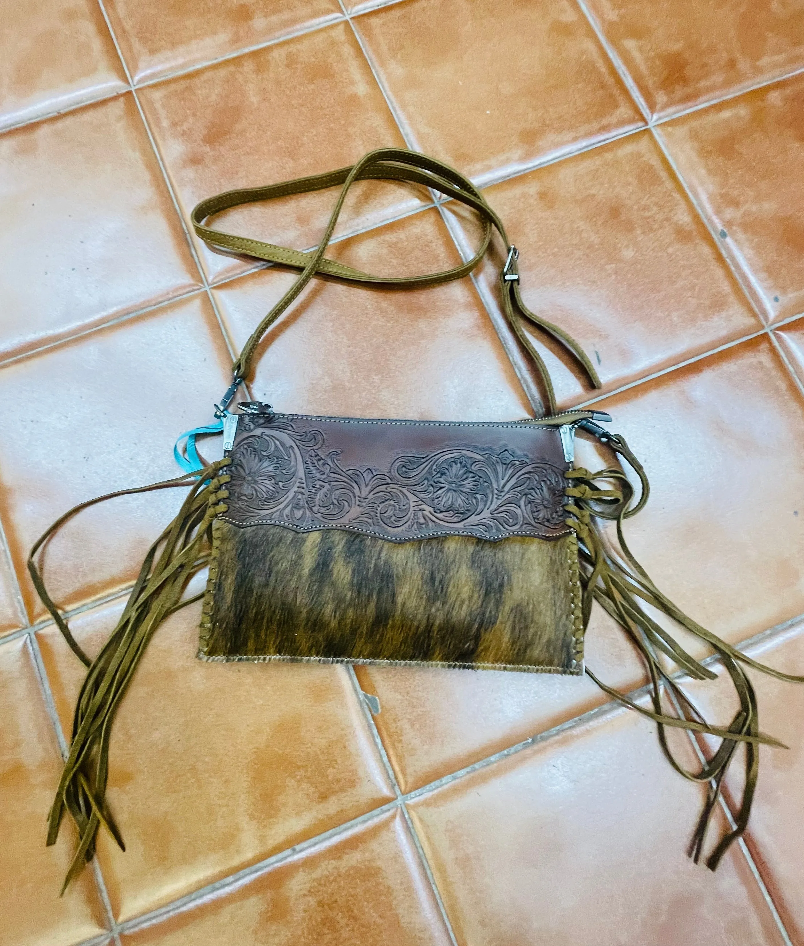 Cognac  Leather/Hide Fringed Purse