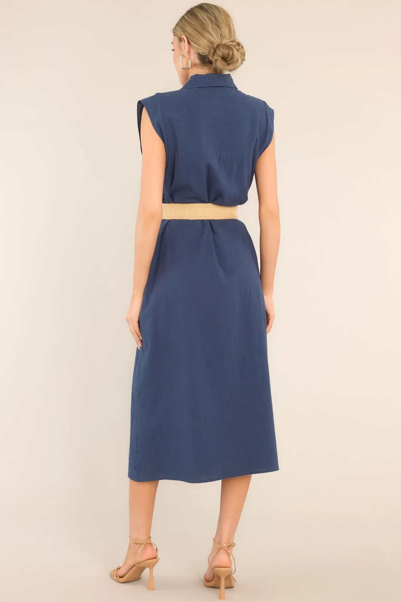 Daily Gratitude Navy Belted Cotton Midi Dress