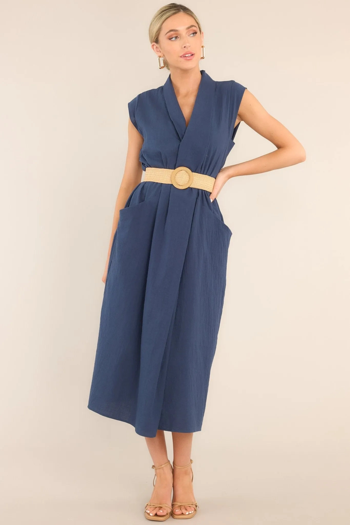 Daily Gratitude Navy Belted Cotton Midi Dress