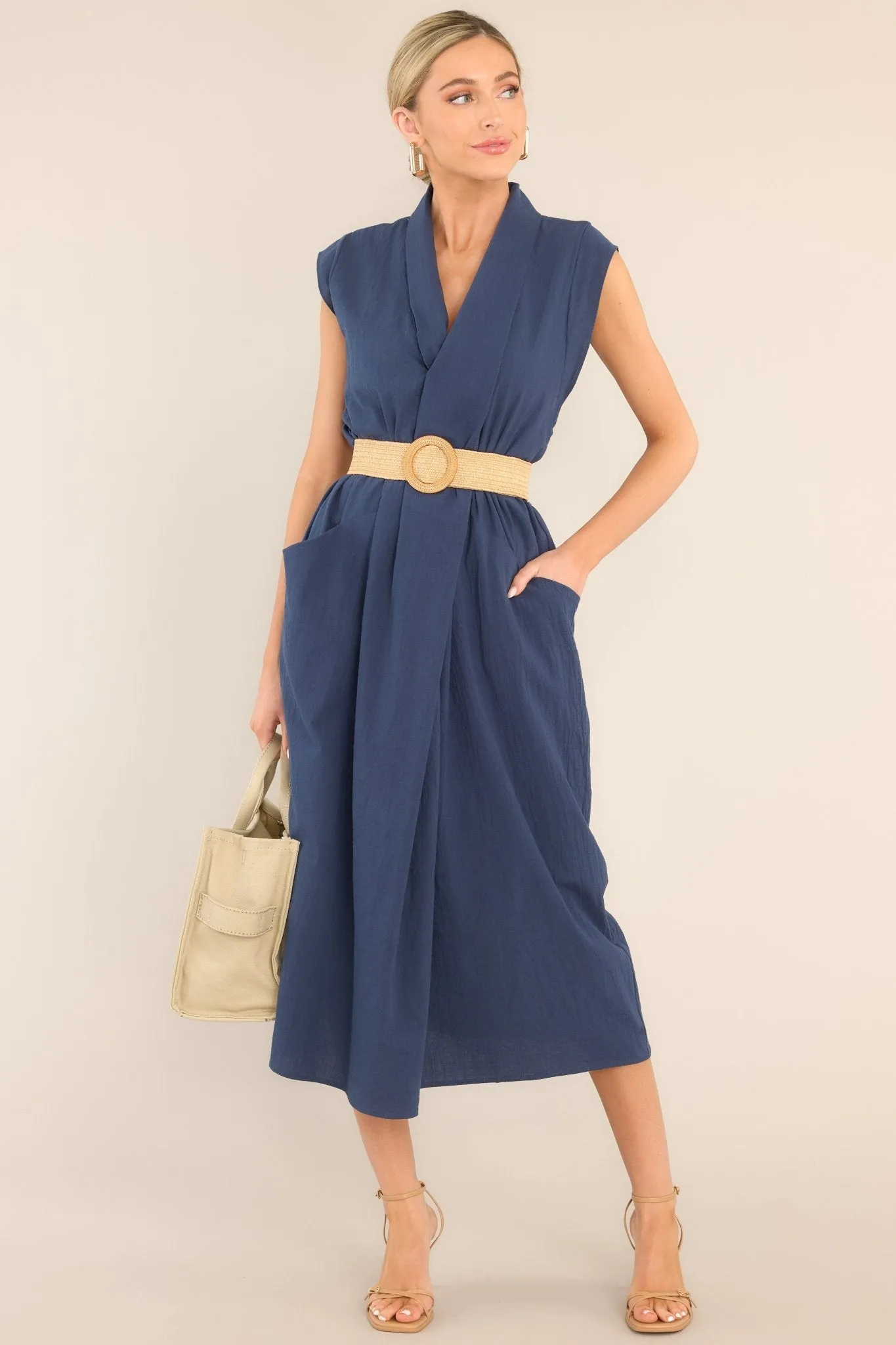 Daily Gratitude Navy Belted Cotton Midi Dress