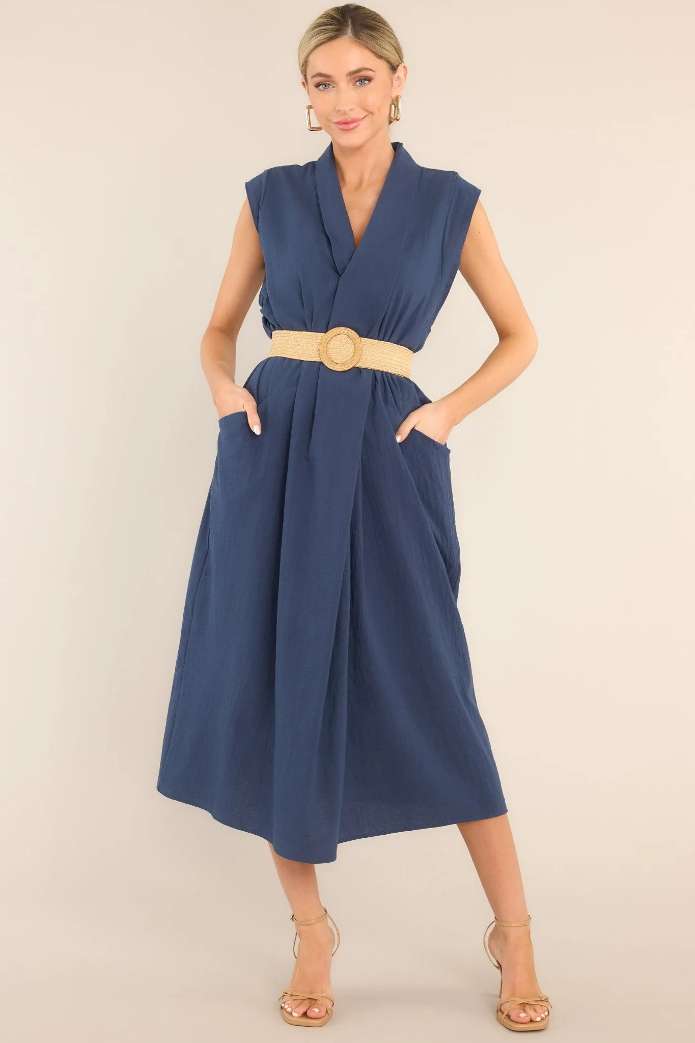 Daily Gratitude Navy Belted Cotton Midi Dress