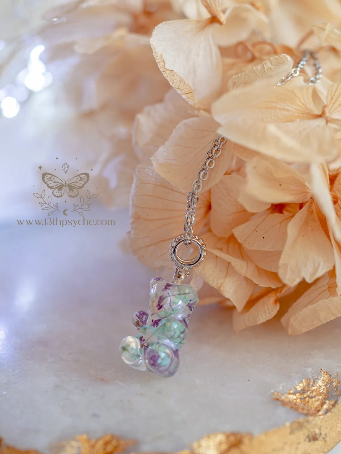 Dried flowers candy bear charm, Gummy bear Necklace