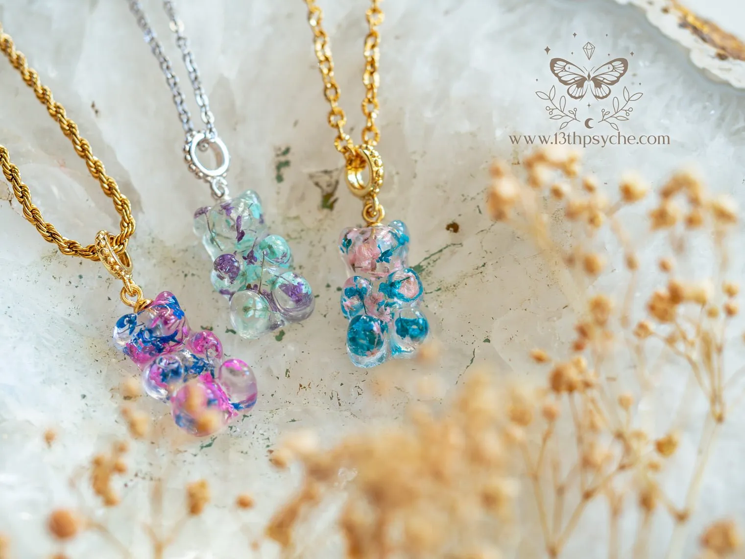 Dried flowers candy bear charm, Gummy bear Necklace