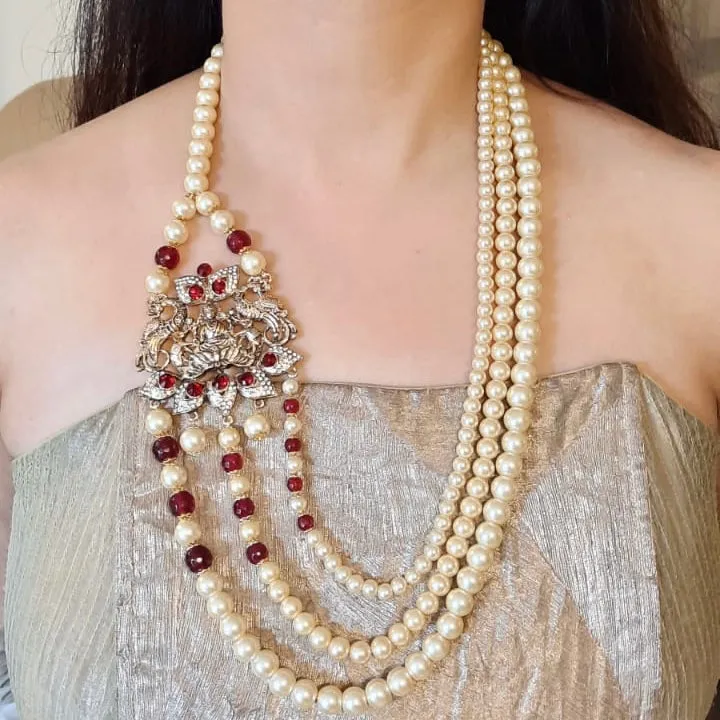 Estele Gold Plated Antique 3 Lines Pearl Necklace with Laxmi Devi & Peacock Finish Necklace Set with Austrian Crystals,Ruby stones & Red Beads for Women