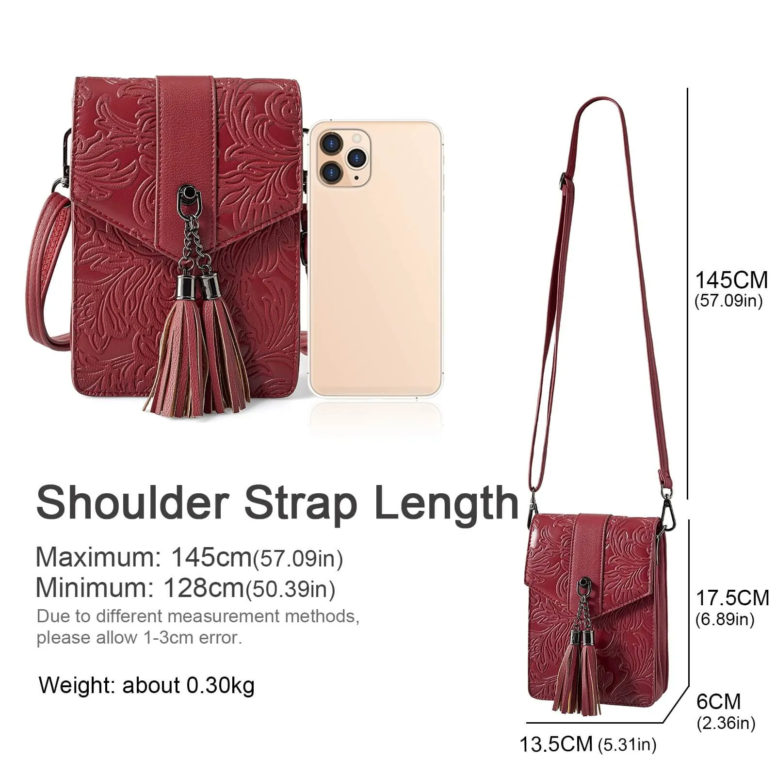 Fringe decorated orchid embossed Shoulder Bag-RED