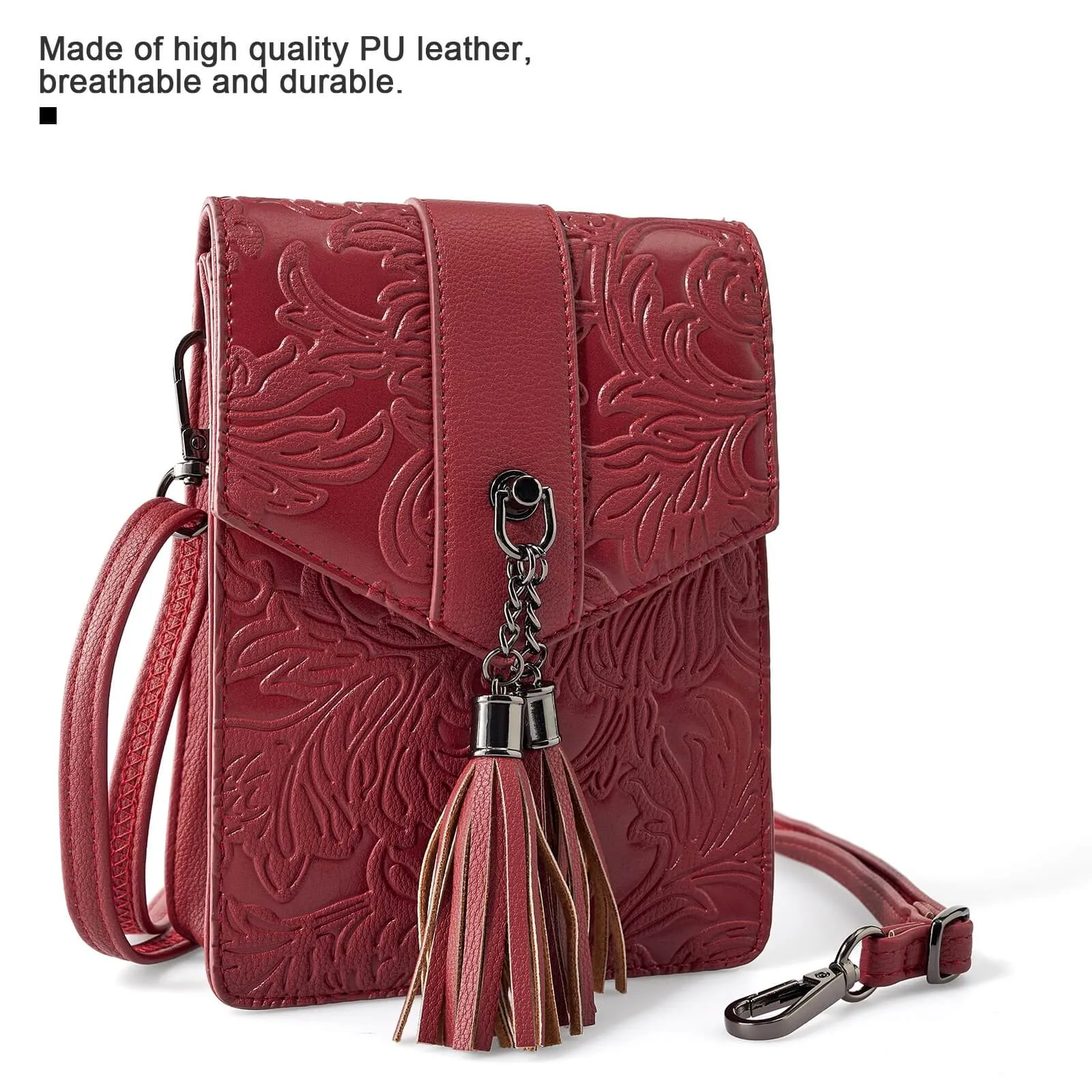 Fringe decorated orchid embossed Shoulder Bag-RED