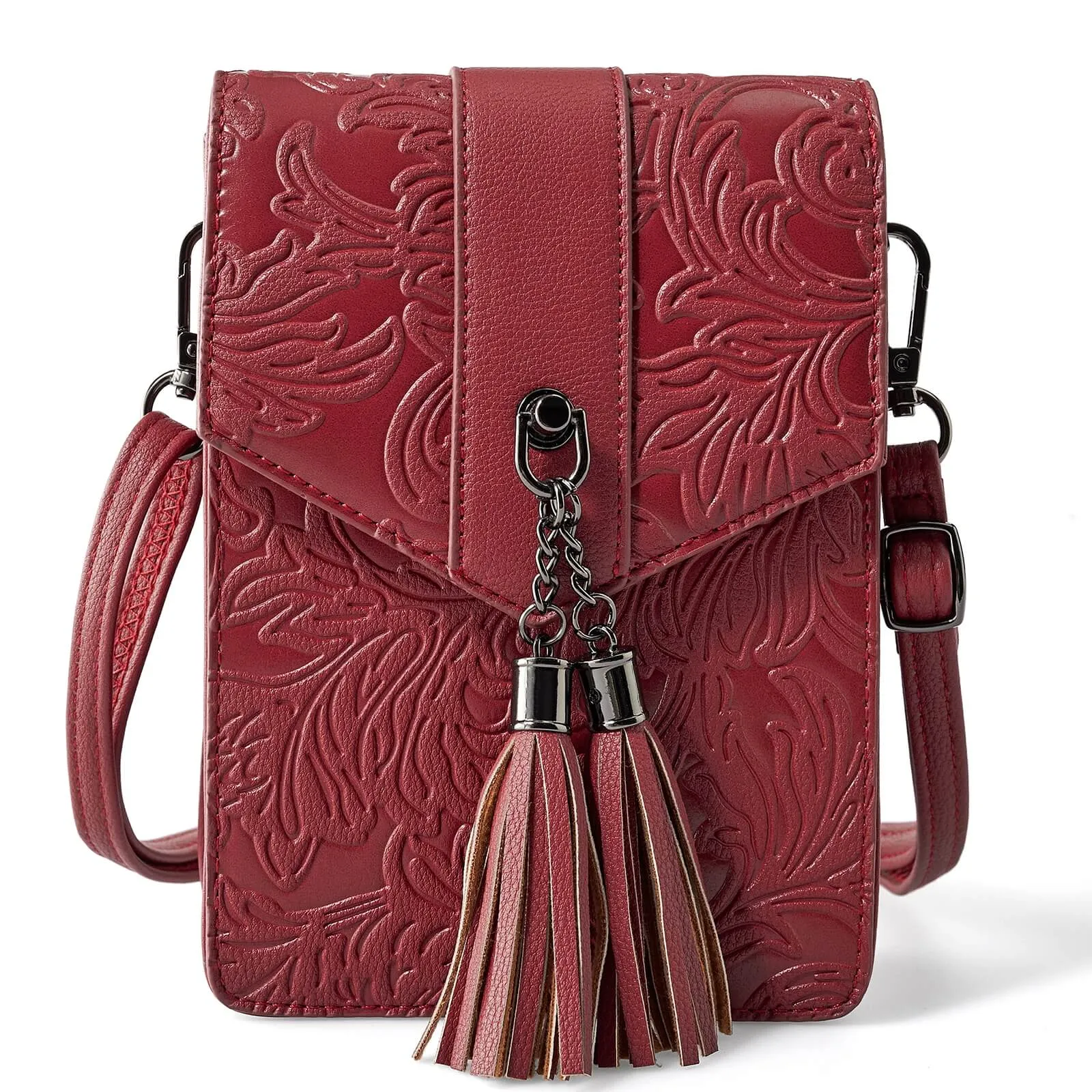 Fringe decorated orchid embossed Shoulder Bag-RED