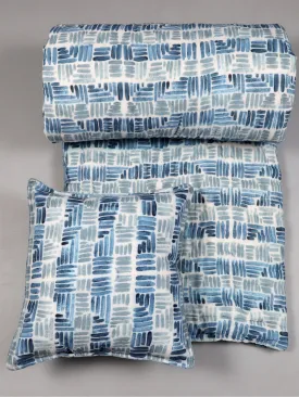 Grey And Blue Abstract Geometric Printed 3 PC Set of 1 quilt & 2 cushion