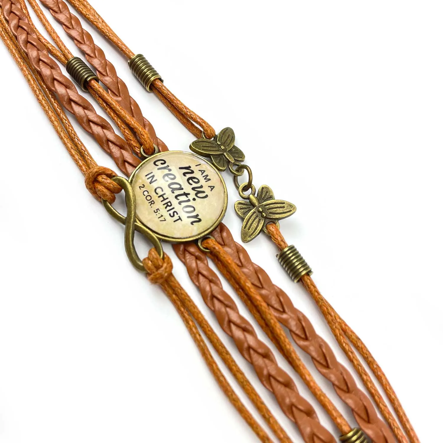 I Am a New Creation in Christ – Multi-Strand Leather Bracelet with Butterflies, 2 Corinthians 5:17 Scripture Bracelet – Christian Jewelry