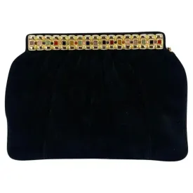 Judith Leiber Black Suede Gemstone Top Clutch