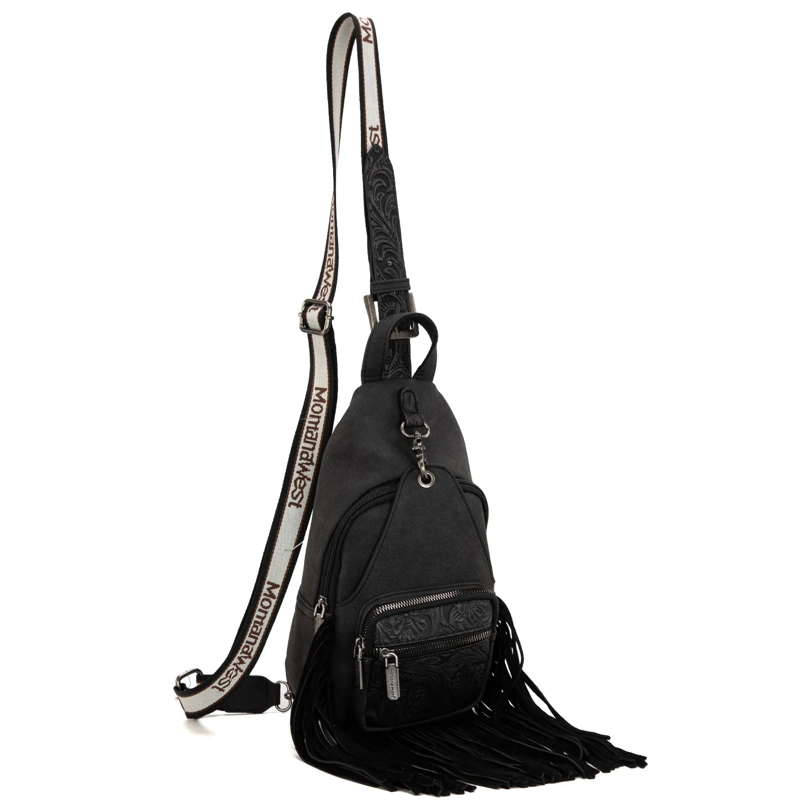 MW1276-S9110   Montana West Tooled Fringe Sling Bag -Black